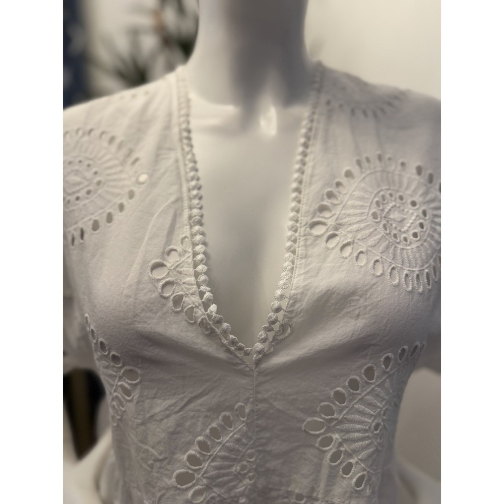 NEW H&M Cotton Beach Dress Kaftan Mini Coverup Sz M All Over Eyelet Swim White - Picture 4 of 10